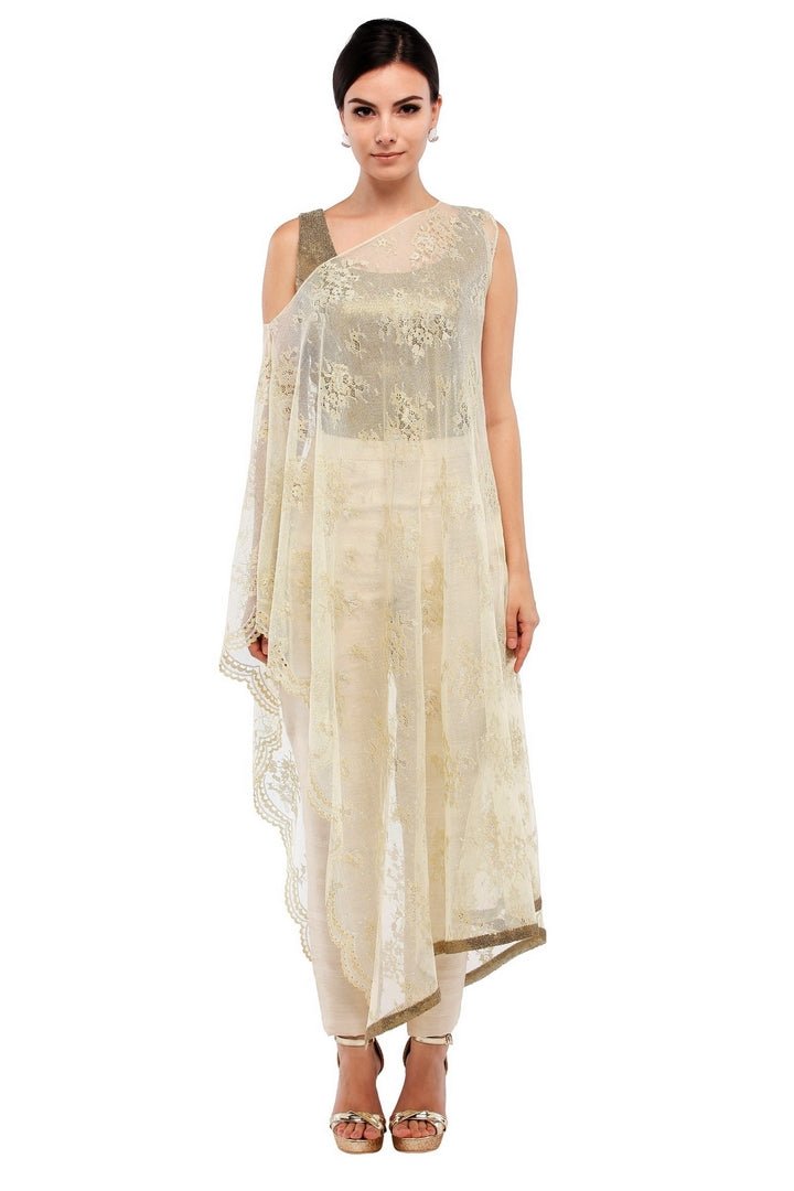 Shop designer off-white lace box jacket with straight pants online in USA  at Pure Elegance online store. Get a gorgeous ethnic look with a range of exquisite Indian designer dresses from our clothing store in USA. We also got the best Indian dresses for the brides in USA. Shop now.-full view