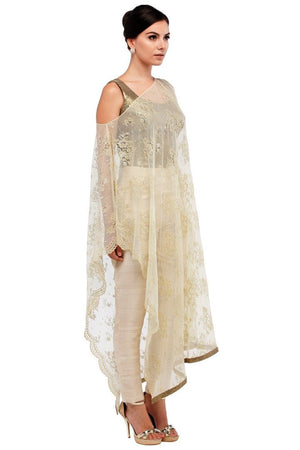 Shop designer off-white lace box jacket with straight pants online in USA  at Pure Elegance online store. Get a gorgeous ethnic look with a range of exquisite Indian designer dresses from our clothing store in USA. We also got the best Indian dresses for the brides in USA. Shop now.-right
