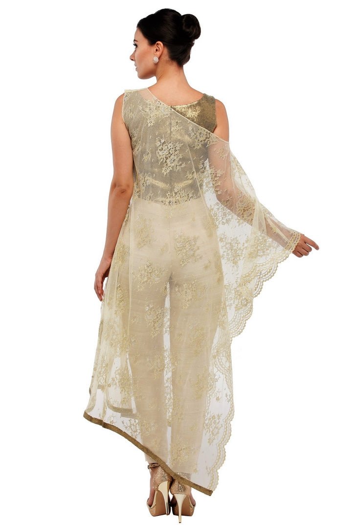 Shop designer off-white lace box jacket with straight pants online in USA  at Pure Elegance online store. Get a gorgeous ethnic look with a range of exquisite Indian designer dresses from our clothing store in USA. We also got the best Indian dresses for the brides in USA. Shop now.-back