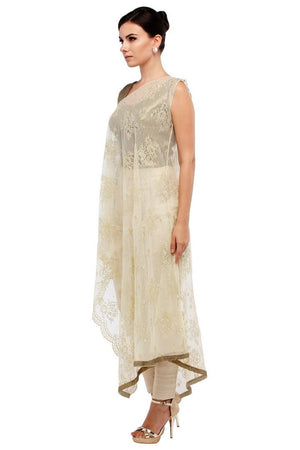 Shop designer off-white lace box jacket with straight pants online in USA  at Pure Elegance online store. Get a gorgeous ethnic look with a range of exquisite Indian designer dresses from our clothing store in USA. We also got the best Indian dresses for the brides in USA. Shop now.-left