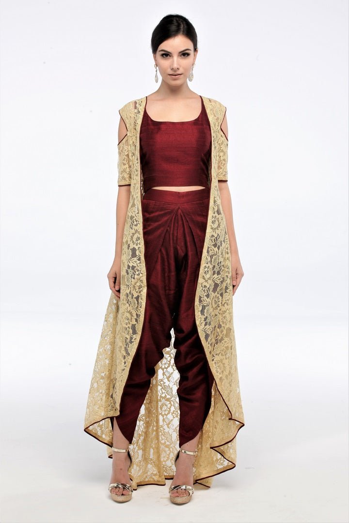 Buy yellow lace jacket with maroon silk crop top and dhoti pants online in USA  at Pure Elegance online store. Get a gorgeous ethnic look with a range of exquisite Indian designer dresses from our clothing store in USA. We also got a diverse range of Indowestern dresses in USA. Shop now.-full view