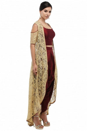Buy yellow lace jacket with maroon silk crop top and dhoti pants online in USA  at Pure Elegance online store. Get a gorgeous ethnic look with a range of exquisite Indian designer dresses from our clothing store in USA. We also got a diverse range of Indowestern dresses in USA. Shop now.-right