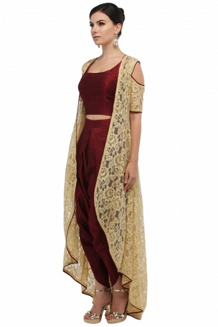 Buy yellow lace jacket with maroon silk crop top and dhoti pants online in USA  at Pure Elegance online store. Get a gorgeous ethnic look with a range of exquisite Indian designer dresses from our clothing store in USA. We also got a diverse range of Indowestern dresses in USA. Shop now.-left