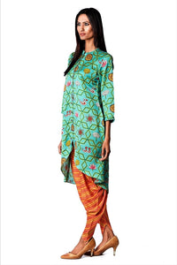 Shop bundi light teal jaal kurta with colorful striped dhoti pants online in USA. Find a range of stunning designer dresses by Swati Vijaivargie in USA at Pure Elegance Indian clothing store. Elevate your traditional style with a range of designer silk sarees, Indian clothing, and much more also available at our online store.-full view