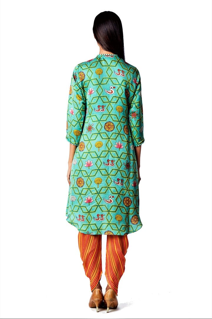 Shop bundi light teal jaal kurta with colorful striped dhoti pants online in USA. Find a range of stunning designer dresses by Swati Vijaivargie in USA at Pure Elegance Indian clothing store. Elevate your traditional style with a range of designer silk sarees, Indian clothing, and much more also available at our online store.-back