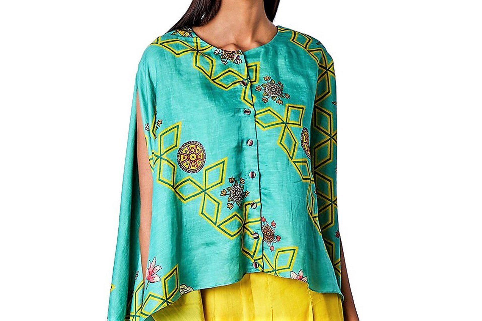 Shop light teal jaal printed cape with yellow pleated pants online in USA. Find a range of stunning designer dresses by Swati Vijaivargie in USA at Pure Elegance Indian clothing store. Elevate your traditional style with a range of designer silk sarees, Indian clothing, and much more also available at our online store.-top