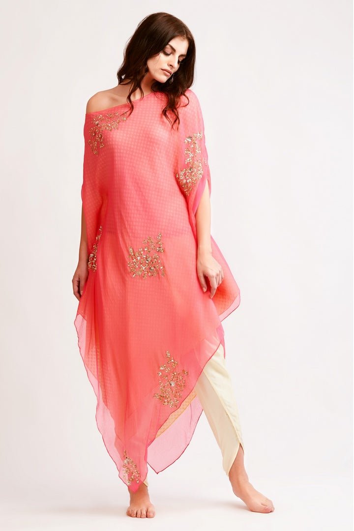 Buy pink embroidered chiffon drop shoulder tunic with dhoti pants online in USA. You can find a fine collection of Indian dresses in USA at Pure Elegance clothing store. Our range of traditional Indian clothing, designer silk saris, wedding sarees,  at our online store is sure to leave you awestruck. -full view
