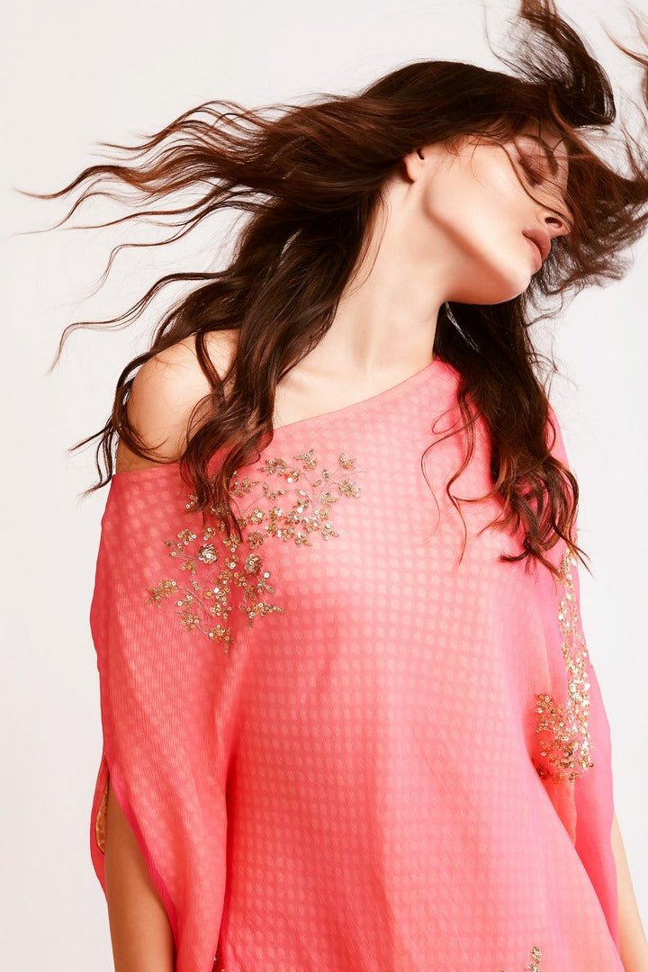 Buy pink embroidered chiffon drop shoulder tunic with dhoti pants online in USA. You can find a fine collection of Indian dresses in USA at Pure Elegance clothing store. Our range of traditional Indian clothing, designer silk saris, wedding sarees,  at our online store is sure to leave you awestruck. -tunic