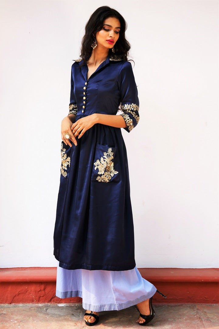 Shop midnight blue silk tunic with powder blue palazzo online in USA. Get occasion ready with a stunning range of Indian designer dresses from Pure Elegance fashion store in USA. Shop from a collection of designer suits, wedding sarees, wedding lehengas and Indian clothing for a gorgeous ethnic look from our online store.-full view