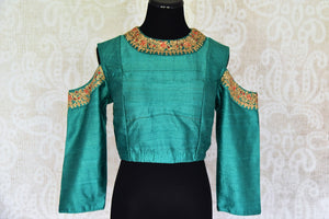 Buy sea green embroidered cold shoulder silk saree blouse online in USA. For Indian women in USA, Pure Elegance fashion store brings an alluring collection of readymade sari blouses to match your beautiful Indian sarees. Shop now at our online store.-front