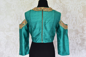 Buy sea green embroidered cold shoulder silk saree blouse online in USA. For Indian women in USA, Pure Elegance fashion store brings an alluring collection of readymade sari blouses to match your beautiful Indian sarees. Shop now at our online store.-back