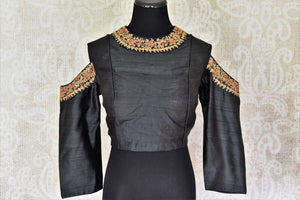 Shop black embroidered cold shoulder silk saree blouse online in USA. For Indian women in USA, Pure Elegance fashion store brings an alluring collection of readymade saree blouses to match your beautiful Indian sarees. Shop now at our online store.-front