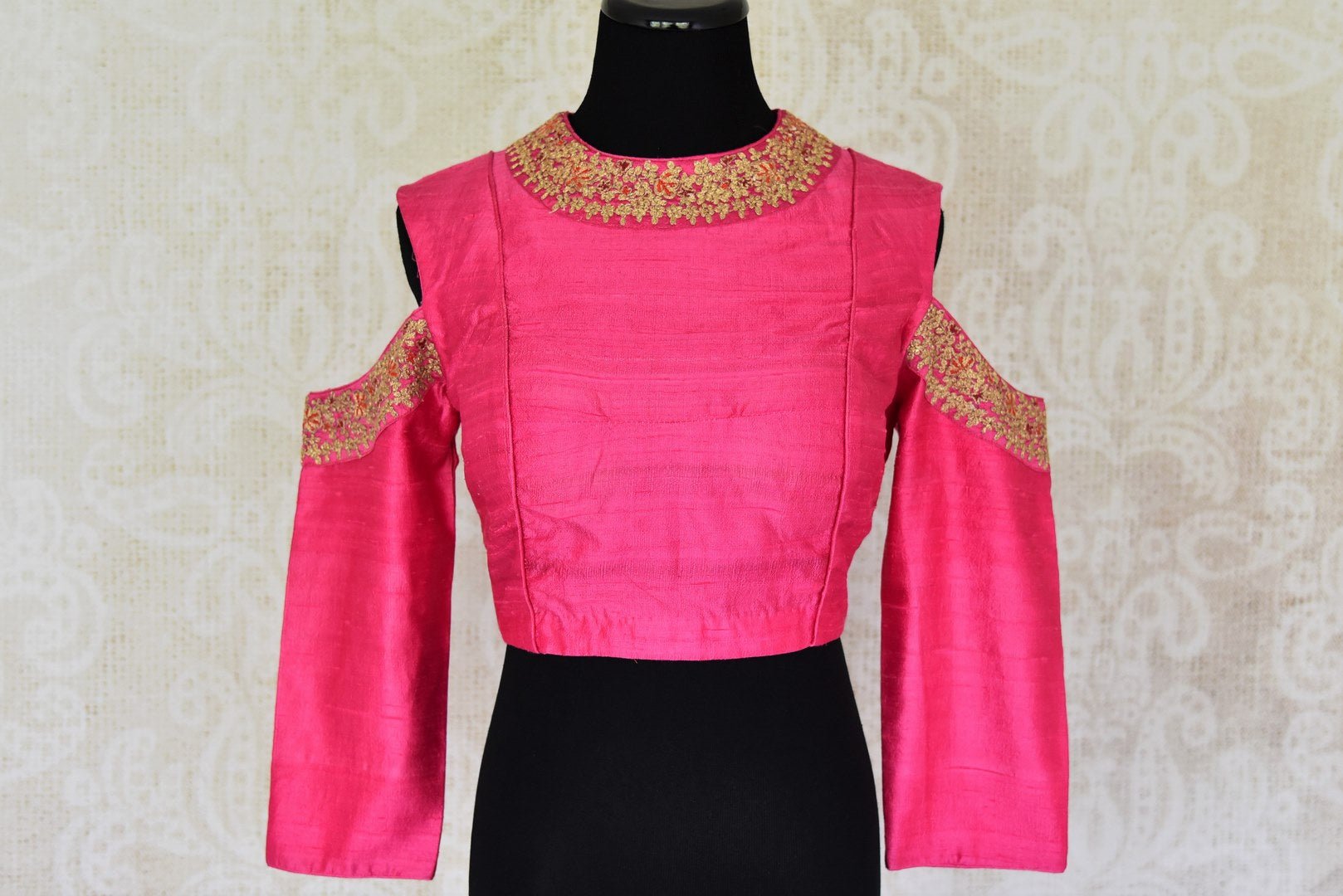 Buy fuschia pink embroidered cold shoulder silk saree blouse online in USA. For Indian women in USA, Pure Elegance fashion store brings an alluring collection of readymade saree blouses to match your beautiful Indian sarees. Shop now at our online store.-front
