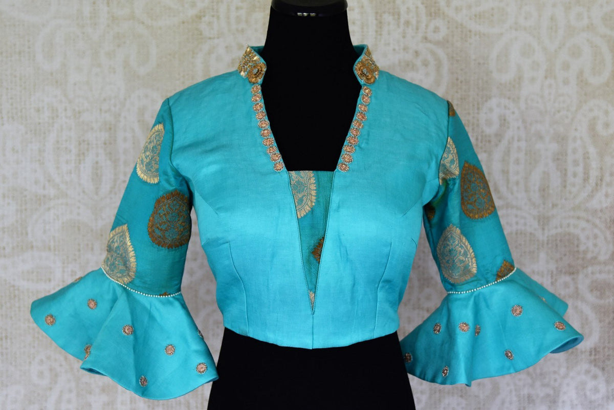 Buy Turquoise Blue Embroidered Silk Blouse with Bell Sleeves Online USA ...