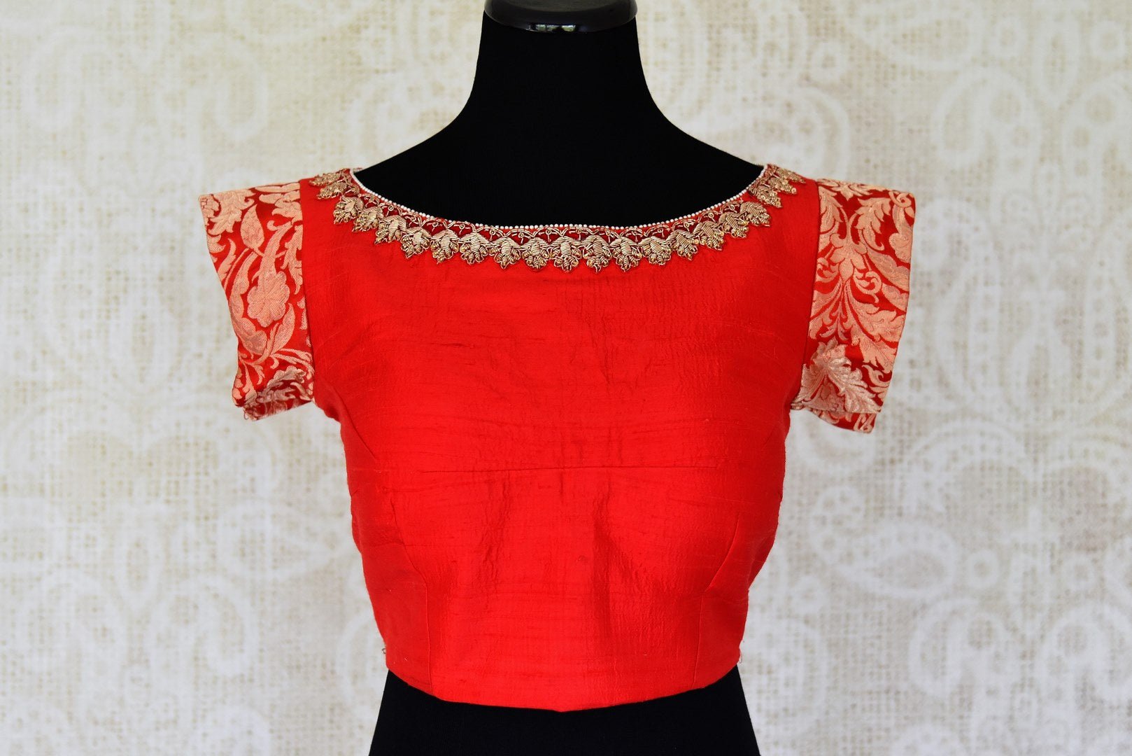 Buy red embroidered silk sari blouse with short Banarasi sleeves online in USA. For Indian women in USA, Pure Elegance fashion store brings an alluring collection of readymade saree blouses to match your beautiful Indian sarees. Shop now at our online store.-front