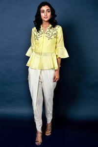 Buy lemon yellow chanderi top with cream dhoti pants online in USA. Elevate your ethnic style with a stunning range of Indian designer dresses from Pure Elegance Indian fashion store in USA. You can also shop the same collection from our online store.-full view