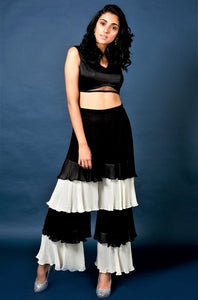 Buy black crop top with layered gypsy pants online in USA and embroidered jacket. Elevate your ethnic style with a stunning range of Indian designer dresses from Pure Elegance Indian fashion store in USA. You can also shop the same collection from our online store.-full view