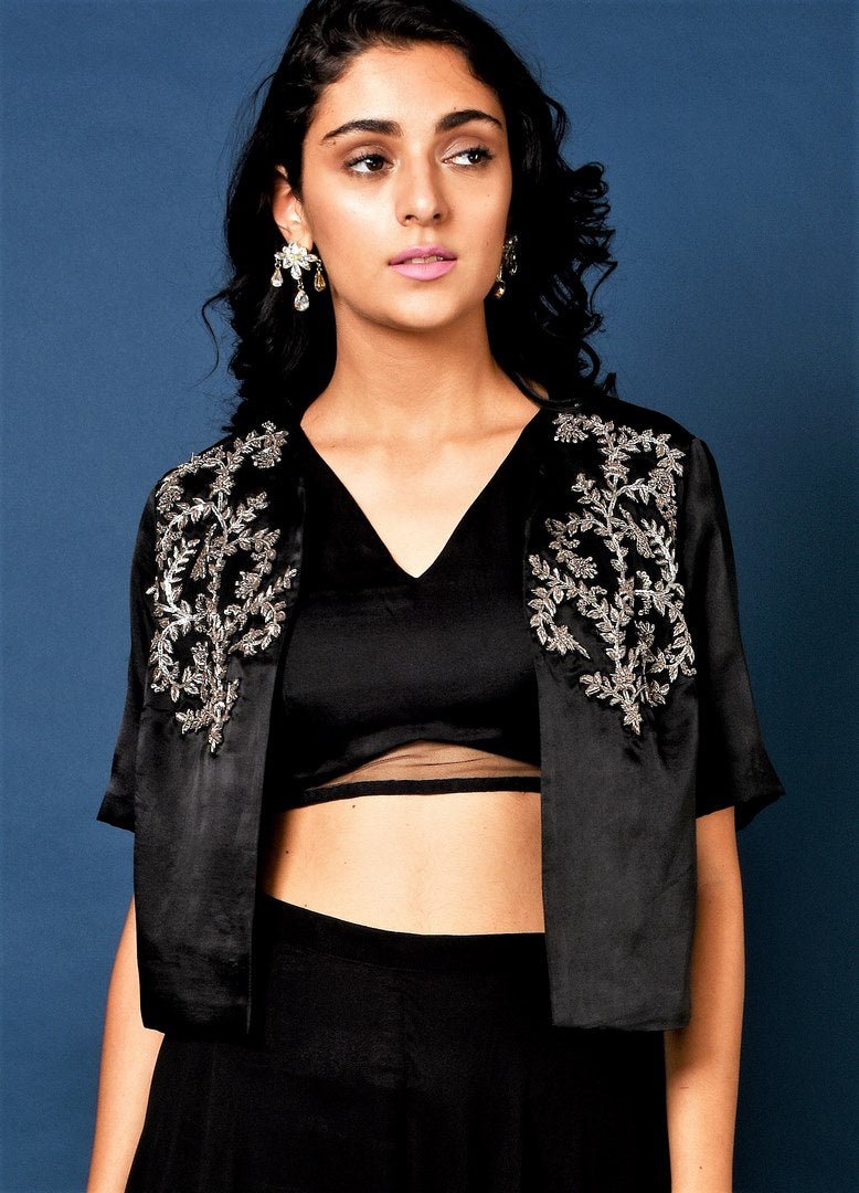 Buy black crop top with layered gypsy pants online in USA and embroidered jacket. Elevate your ethnic style with a stunning range of Indian designer dresses from Pure Elegance Indian fashion store in USA. You can also shop the same collection from our online store.-top