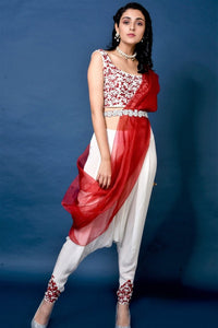 Buy red and cream thread work blouse with dhoti pants online in USA. Elevate your ethnic style with a stunning range of Indian designer dresses from Pure Elegance Indian fashion store in USA. You can also shop the same collection from our online store.-full view