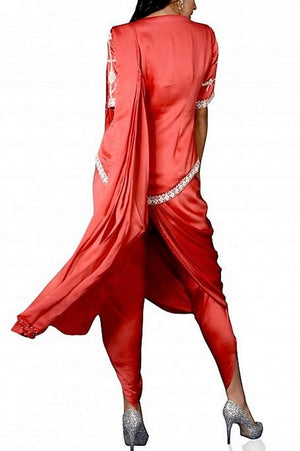Buy red embroidered jacket with dhoti pants online in USA and attached saree drape. Elevate your ethnic style with a stunning range of Indian designer dresses from Pure Elegance Indian fashion store in USA. You can also shop the same collection from our online store.-back