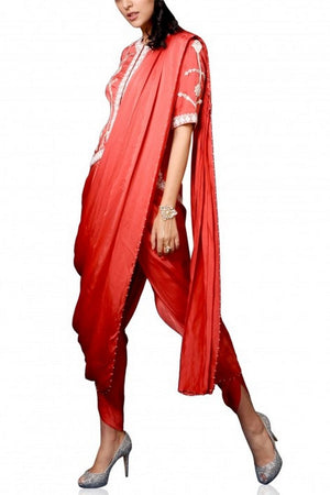 Buy red embroidered jacket with dhoti pants online in USA and attached saree drape. Elevate your ethnic style with a stunning range of Indian designer dresses from Pure Elegance Indian fashion store in USA. You can also shop the same collection from our online store.-front