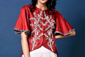 Buy red embroidered raw silk jacket with dhoti pants online in USA. Elevate your ethnic style with a stunning range of Indian designer dresses from Pure Elegance Indian fashion store in USA. You can also shop the same collection from our online store.-jacket
