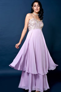 Buy lavender color tube work layered designer gown online in USA. Elevate your style with a stunning range of designer dresses, designer gowns, designer Anarkali suits from Pure Elegance Indian fashion store in USA. You can also shop the same collection from our online store.-full view