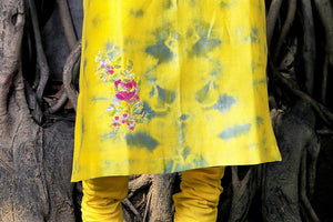 Buy yellow and grey chanderi tie & dye tunic with embroidery online in USA. Find a range of exquisite Indian dresses in USA at Pure Elegance clothing store. Enrich your traditional style with a range of Indian clothing, designer Anarkali suits, wedding lehengas, and much more also available at our online store.-bottom