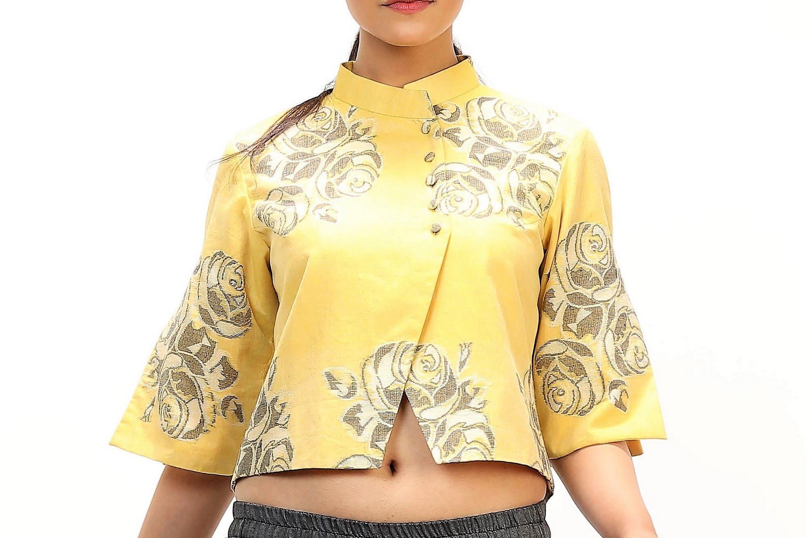Shop yellow woven Jamdani crop top online in USA with rose floral motifs. Keep your wardrobe updated with a range of stylish Indian designer dresses from Pure Elegance fashion store in USA. A stylish range of Indian clothing, suits, Indowestern dresses are available at our online store to elevate your style.-front closeup