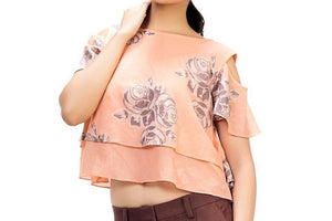 Buy tangerine Jamdani cold shoulder crop top online in USA with rose floral motifs. Keep your wardrobe updated with a range of stylish Indian designer dresses from Pure Elegance fashion store in USA. A stylish range of Indian clothing, suits, Indowestern dresses are available at our online store to elevate your style.-front