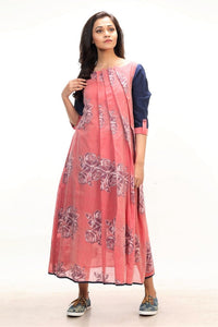 Shop red Jamdani pleated dress with blue khadi sleeves online in USA and rose floral motifs. Keep your wardrobe updated with a range of stylish Indian designer dresses from Pure Elegance fashion store in USA. A stylish range of Indian clothing, suits, Indowestern dresses are available at our online store to elevate your style.-full view