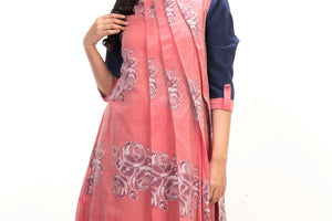 Shop red Jamdani pleated dress with blue khadi sleeves online in USA and rose floral motifs. Keep your wardrobe updated with a range of stylish Indian designer dresses from Pure Elegance fashion store in USA. A stylish range of Indian clothing, suits, Indowestern dresses are available at our online store to elevate your style.-front