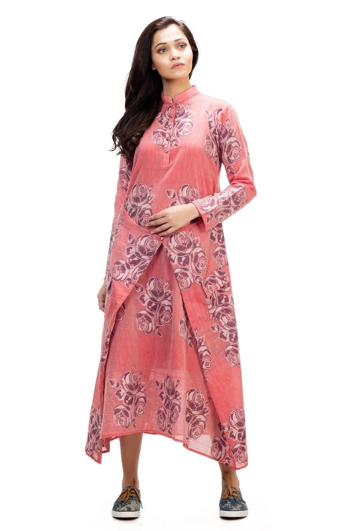 Buy red Jamdani dress with full sleeves online in USA and rose floral motifs. Keep your wardrobe updated with a range of stylish Indian designer dresses from Pure Elegance fashion store in USA. A stylish range of Indian clothing, suits, Indowestern dresses are available at our online store to elevate your style.-full view