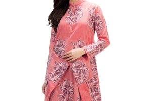 Buy red Jamdani dress with full sleeves online in USA and rose floral motifs. Keep your wardrobe updated with a range of stylish Indian designer dresses from Pure Elegance fashion store in USA. A stylish range of Indian clothing, suits, Indowestern dresses are available at our online store to elevate your style.-front