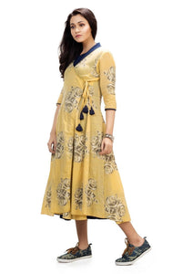 Buy mustard yellow Jamdani wrap dress online in USA and woven rose motifs. Keep your wardrobe updated with a range of stylish Indian designer dresses from Pure Elegance fashion store in USA. A stylish range of Indian clothing, suits, Indowestern dresses are available at our online store to elevate your style.-full view