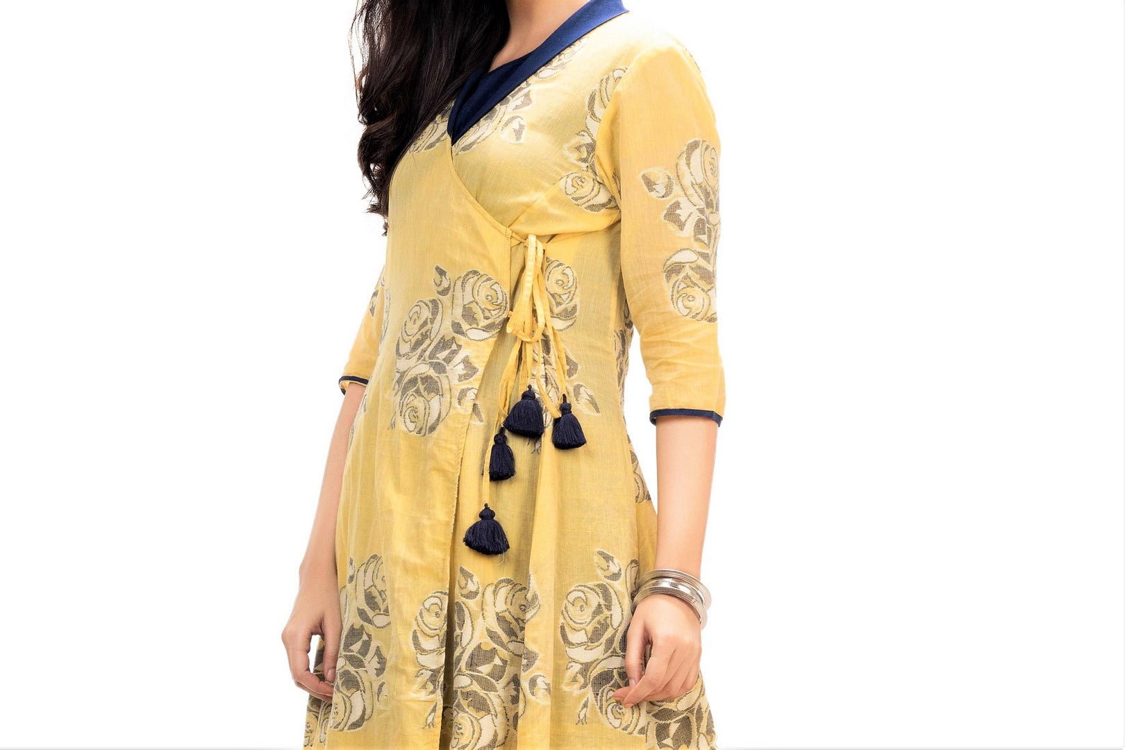 Buy mustard yellow Jamdani wrap dress online in USA and woven rose motifs. Keep your wardrobe updated with a range of stylish Indian designer dresses from Pure Elegance fashion store in USA. A stylish range of Indian clothing, suits, Indowestern dresses are available at our online store to elevate your style.-side
