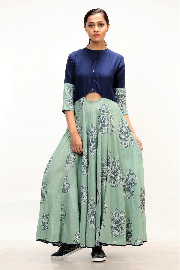 Buy teal color jamdani maxi dress online in USA and woven rose motifs and navy blue bodice. Keep your wardrobe updated with a range of stylish Indian designer dresses from Pure Elegance fashion store in USA. A stylish range of Indian clothing, suits, Indowestern dresses are available at our online store to elevate your style.-full view