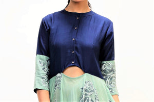 Buy teal color jamdani maxi dress online in USA and woven rose motifs and navy blue bodice. Keep your wardrobe updated with a range of stylish Indian designer dresses from Pure Elegance fashion store in USA. A stylish range of Indian clothing, suits, Indowestern dresses are available at our online store to elevate your style.-bodice
