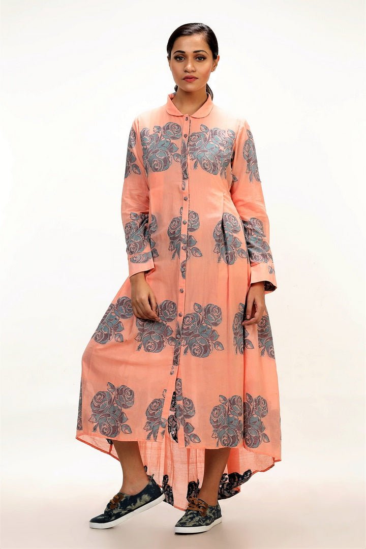 Buy tangerine color jamdani high low shirt dress online in USA with woven rose motifs. Keep your wardrobe updated with a range of stylish Indian designer dresses from Pure Elegance fashion store in USA. A stylish range of Indian clothing, suits, Indowestern dresses are available at our online store to elevate your style.-full view