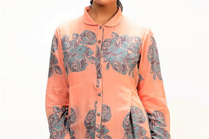 Buy tangerine color jamdani high low shirt dress online in USA with woven rose motifs. Keep your wardrobe updated with a range of stylish Indian designer dresses from Pure Elegance fashion store in USA. A stylish range of Indian clothing, suits, Indowestern dresses are available at our online store to elevate your style.-front