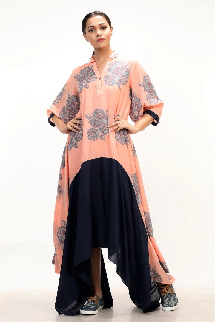Buy tangerine color jamdani asymmetric dress online in USA with woven rose motifs and hemline. Keep your wardrobe updated with a range of stylish Indian designer dresses from Pure Elegance fashion store in USA. A stylish range of Indian clothing, suits, Indowestern dresses are available at our online store to elevate your style.-full view