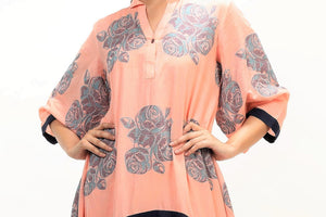 Buy tangerine color jamdani asymmetric dress online in USA with woven rose motifs and hemline. Keep your wardrobe updated with a range of stylish Indian designer dresses from Pure Elegance fashion store in USA. A stylish range of Indian clothing, suits, Indowestern dresses are available at our online store to elevate your style.-front