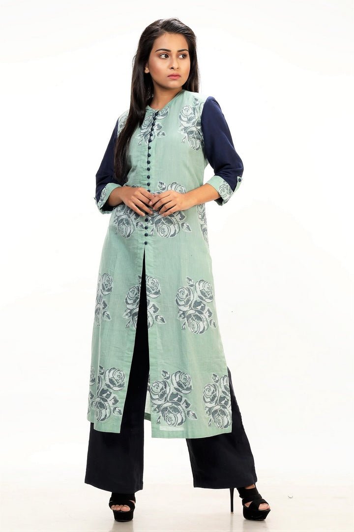 Buy teal color jamdani tunic online in USA with woven rose motifs and sleeves. Keep your wardrobe updated with a range of stylish Indian designer dresses from Pure Elegance fashion store in USA. A stylish range of Indian clothing, suits, Indowestern dresses are available at our online store to elevate your style.-full view