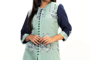 Buy teal color jamdani tunic online in USA with woven rose motifs and sleeves. Keep your wardrobe updated with a range of stylish Indian designer dresses from Pure Elegance fashion store in USA. A stylish range of Indian clothing, suits, Indowestern dresses are available at our online store to elevate your style.-side