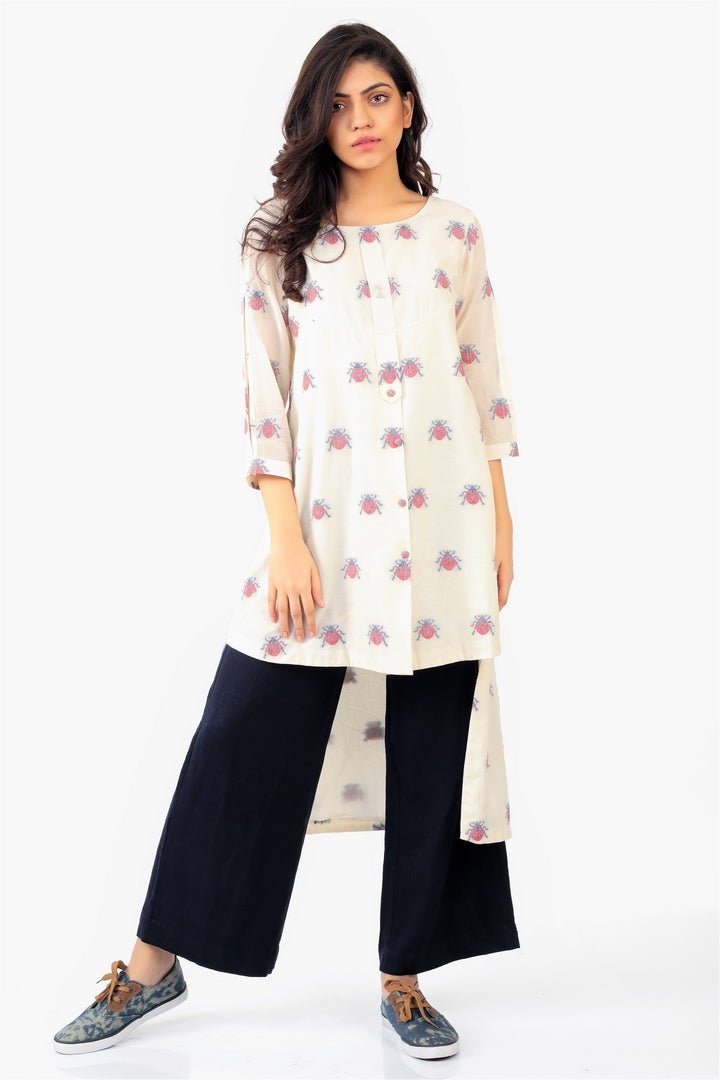 Buy white jamdani cotton shirt online in USA with woven lady bug motifs. Keep your wardrobe updated with a range of stylish Indian designer dresses from Pure Elegance fashion store in USA. A stylish range of Indian clothing, suits, Indowestern dresses are available at our online store to elevate your style.-full view