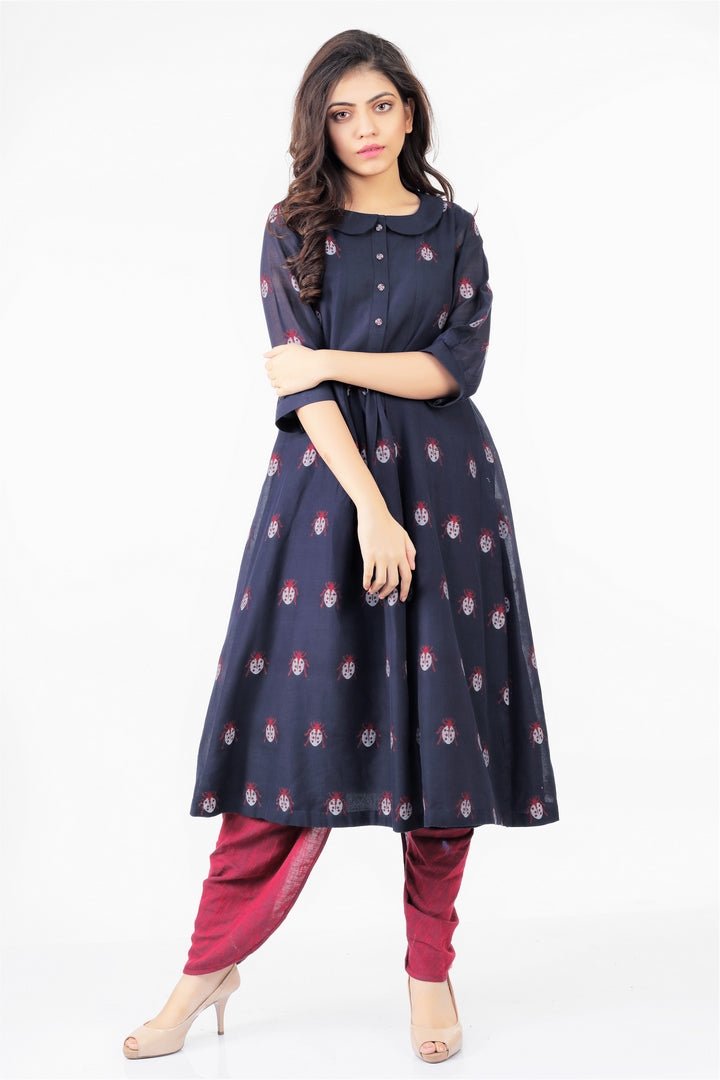 Shop navy blue jamdani silk dress online in USA with peter pan collars. Keep your wardrobe updated with a range of stylish Indian designer dresses from Pure Elegance fashion store in USA. A stylish range of Indian clothing, suits, Indowestern dresses, designer lehengas are available at our online store to elevate your style.-full view