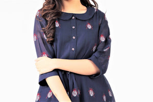 Shop navy blue jamdani silk dress online in USA with peter pan collars. Keep your wardrobe updated with a range of stylish Indian designer dresses from Pure Elegance fashion store in USA. A stylish range of Indian clothing, suits, Indowestern dresses, designer lehengas are available at our online store to elevate your style.-front