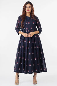 Buy navy blue jamdani silk dress online in USA with woven lady bug motifs. Keep your wardrobe updated with a range of stylish Indian designer dresses from Pure Elegance fashion store in USA. A stylish range of Indian clothing, suits, Indowestern dresses, designer lehengas are available at our online store to elevate your style.-full view