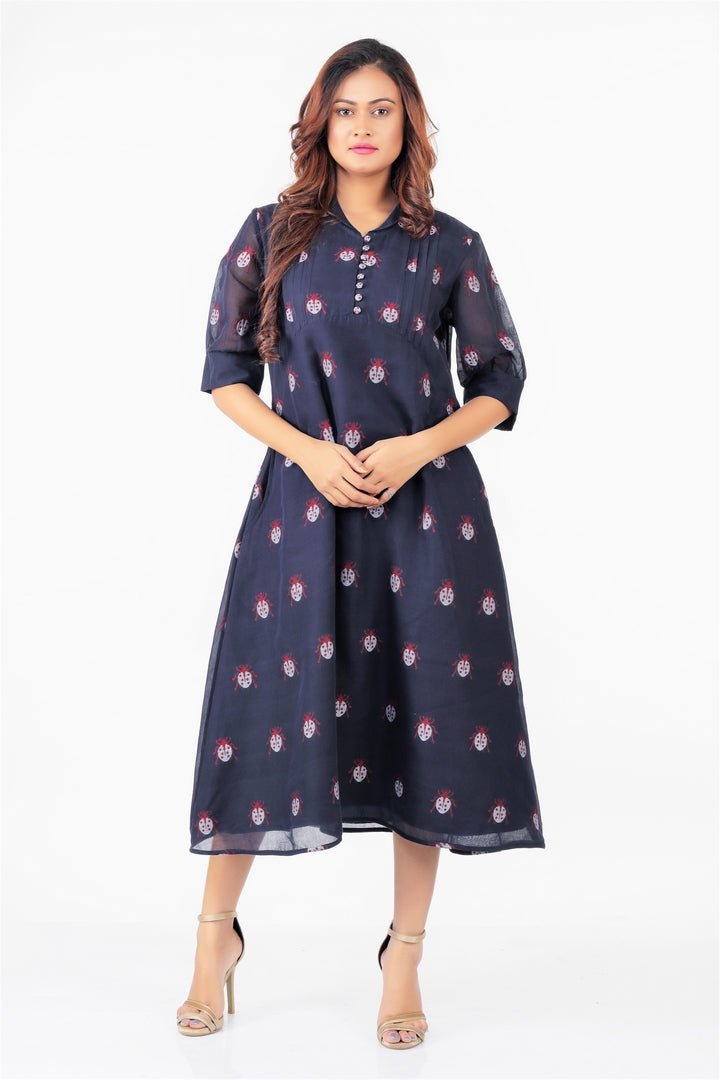 Buy navy blue jamdani silk dress with collars online in USA and front buttons. Keep your wardrobe updated with a range of stylish Indian designer dresses from Pure Elegance fashion store in USA. A stylish range of Indian clothing, suits, Indowestern dresses, designer lehengas are available at our online store to elevate your style.-full view