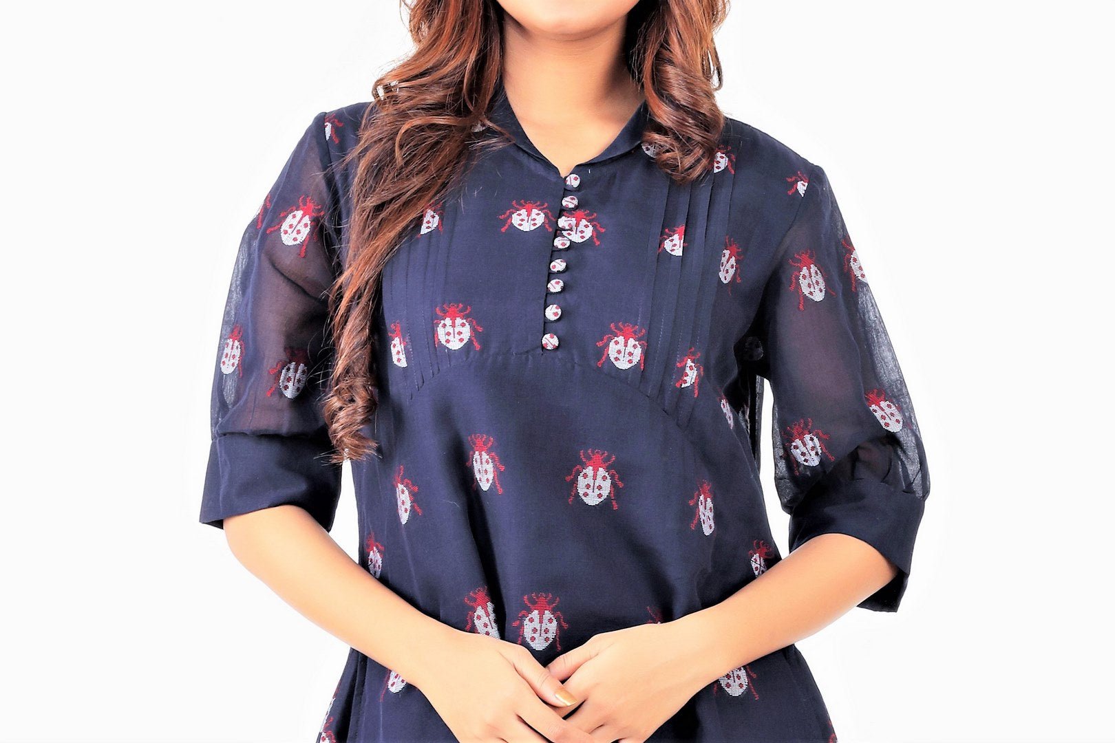 Buy navy blue jamdani silk dress with collars online in USA and front buttons. Keep your wardrobe updated with a range of stylish Indian designer dresses from Pure Elegance fashion store in USA. A stylish range of Indian clothing, suits, Indowestern dresses, designer lehengas are available at our online store to elevate your style.-front